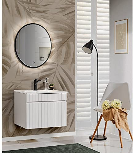 Lomadox Badezimmer Waschplatz Set mit 60cm Waschtisch in weiß matt, LED Spiegel schwarz, B/H/T: ca. 61/200/46 cm