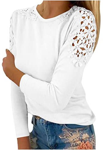 Susenstone Chemisier Femme Sexy Chic Hauts à Manches Longues Dentelle Ample Blouse Elégante Mode Col Rond T-Shirt Tops Couleur Unie/Imprimé Vêtements de Printemps et d'été Tunique Pullover 01# Blanc