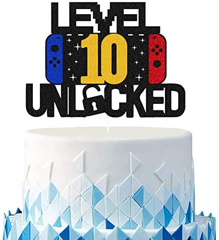 Tortendeko Junge 10 Videospiel Torten Deko Doppelseitiges Glitzerpapier LEVEL 10 UNLOCKED Happy Birthday Cake Topper für Geburtstag Deko 10