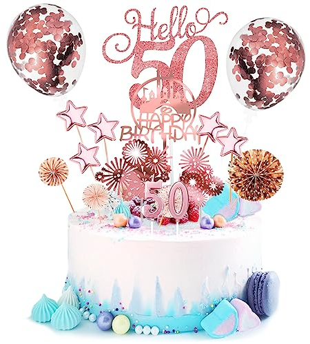 Tortendeko 50. Geburtstag Frau Mann 17Pcs Kuchen Deko Happy Birthday Roségold Cake Topper 50 Jahre Geburtstag Cake Decoration mit Geburtstagskerzen Luftballons für Party Deko