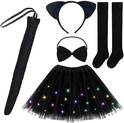 EKKONG Costume da Gatto Bambina, 5Pcs Accessori per Costumi da Gatto Nero Kit con tutu Gonna, Orecchie da Gatto, Coda di Gatto, Cravatta a Fiocco, per Ragazze per Cosplay Carnevale Halloween Festa