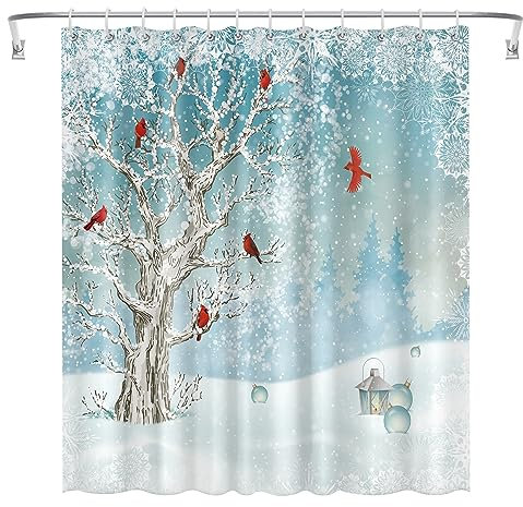Ohok Badezimmer Duschvorhang 180 x 180 cm, wasserdichte Weihnachten Duschvorhänge mit 12 Haken, Baddekoration Badvorhang Langlebiger Polyester Badvorhang (Weihnachts-Vögel)