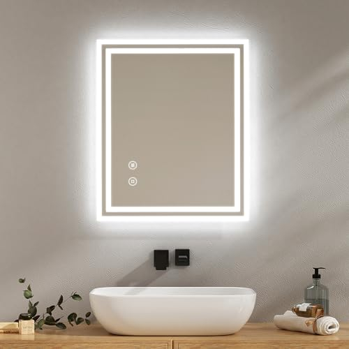 EMKE Badspiegel mit Beleuchtung 50x60cm Badezimmerspiegel mit antibeschlag, kaltweiß dimmbar, Touch, Speicherfunktion, 3 Stunde automatische Abschaltung IP44 energiesparend
