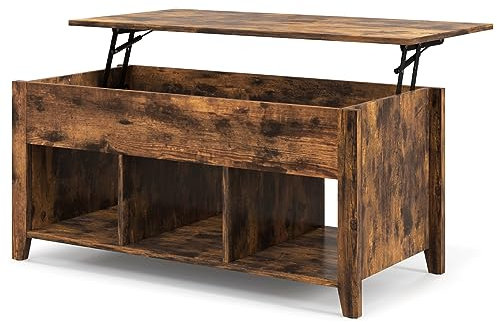 CASART Lift Top Coffee Table, Wooden Lifting Sofa Side Table with Lift Tabletop, Hidden Storage, 3 Open Cubes, Middle Leg, Home Office Tea Table for Living Room Bedroom Study (Brown)