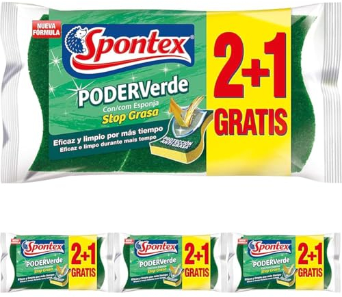 Spontex Estropajos de Fibra con Esponja, 3 estropajos (Paquete de 4)