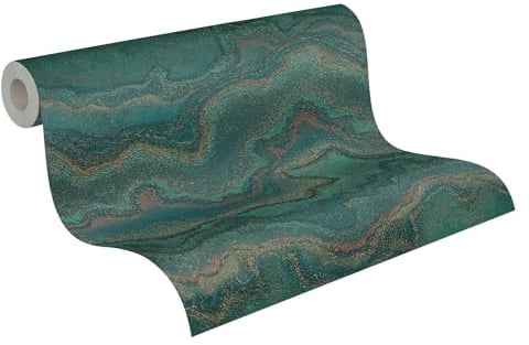 Livingwalls Tapete 396593 mit Marmoroptik - hochwertige Design Tapete Marmor in Dunkelgrün, Blau, Bronze - Wandtapete mit Glanzeffekt in Gold - 10,05m x 0,53m - Made in Germany