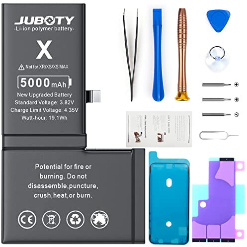JUBOTY 5000mAh Battery for iPhone X, New Upgraded Li-ion High Capacity Battery Replacement for iPhone X Model A1865 A1901 A1902 with Professional Repair Tool Kits