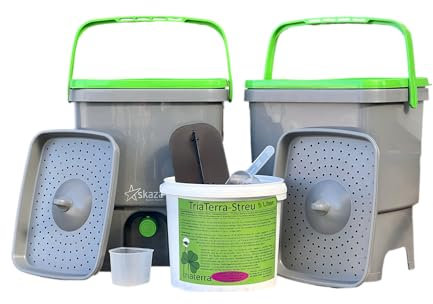 2 x Bokashi-Eimer-16l + 5l-TriaTerra-Streu Set Terra Preta-Küchenkompost (grau/grün)