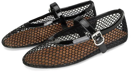 DOEYG Mesh Ballet Flats for Women Buckle Strap Comfy Casual Office Flat Heel Ballerina Shoes, Black, 10.5
