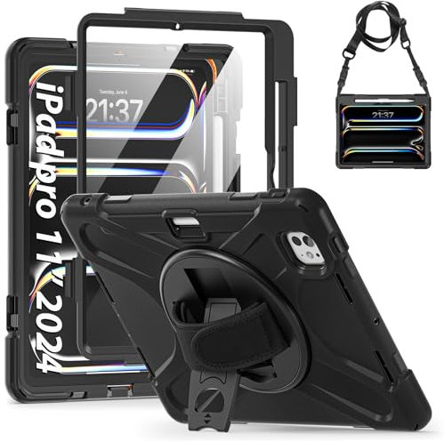 Gerutek Funda Anticaída para iPad Pro 11 Pulgadas M4 2024, Carcasa Rugosa con Protector Pantalla, Soporte Giratorio, Correa de Mano y Hombro, Portalápiz, Funda para iPad Pro 11 (5ª Generación), Negro