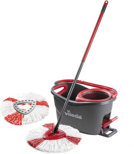Turbo Microfibre Spin Mop Set + 2-in-1 Head Replacement | Floor Cleaning | 1 Mop, 1 Bucket, 1 Refill | Red | 29.6x48.6x29.3 cm