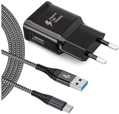 Caricatore USB Ricarica Rapida 15W Caricabatterie per Samsung Galaxy A13 A14 A15 A23 A25 A33 A34 A35 A40 A52 A53 A55 A04S S8 S9 S10 S20 Plus M55 M34 M33 M15, Alimentatore con Nylon Cavo USB C 2M