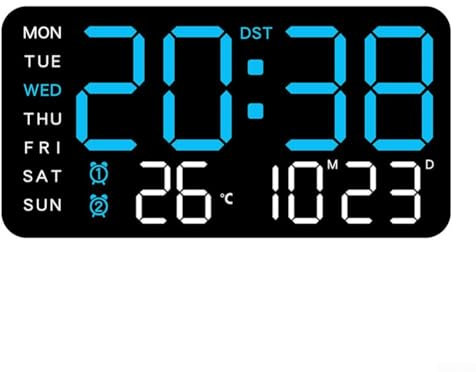 HpLive Orologio da parete digitale a LED, con data, settimana, sveglia (guscio nero, luce blu)