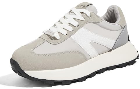 LUCKY STEP Zapatillas de Plataforma para Mujer – Clásicas y Retro, Zapatos de Moda con Cordones para Correr, Tenis y Uso Diario (Gris/Blanco, 8US-38EU-5UK)