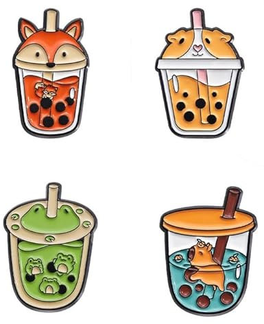 Generisch 4 Stück Bubble Tea Anstecker - Shiba Inu, Frosch, Hamster & Pony Motive - Unisex - Legiertes Metall