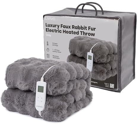 LIVIVO Faux Rabbit Fur Heated Throw – Grey Electric Blanket 160x130cm – 10 Heat Settings, Auto Shut Off, Overheat Protection, Ultra Soft Plush, Machine Washable Winter Blanket