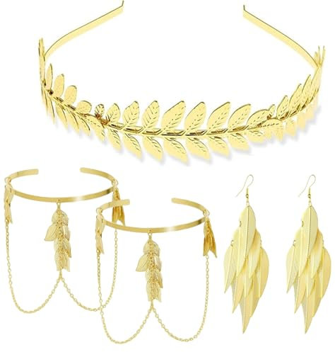 joonnair 4 STÜCKE Griechische Göttin Kostüm Set mit Kopfschmuck Lorbeerkranz Römische Göttin Haarreif und Göttin Kostüm Griechische göttin Schmuck für Hochzeit Kostüm Partyjoonnair
