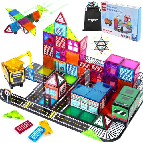 Theefun 70PCS Magnetic Tiles Road Set, Double Side City with Crane & 2 Cars Include 56 Magnetic Blocks & 13 Magnet Toppers STEM Learning Educational Construction Toys Gifts for Kids 3+ Years Old