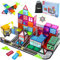 Theefun 70PCS Magnetic Tiles Road Set, Double Side City with Crane & 2 Cars Include 56 Magnetic Blocks & 13 Magnet Toppers STEM Learning Educational Construction Toys Gifts for Kids 3+ Years Old