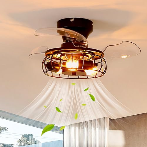 Creativo Ventilador De Techo Con Luz Y Mando Mini Silencioso Lampara Ventilador Hierro Estilo Industrial Retráctil Bombilla 50cm Temporizador 6 Velocidades Reversible Ventiladores De Techo Con Luz