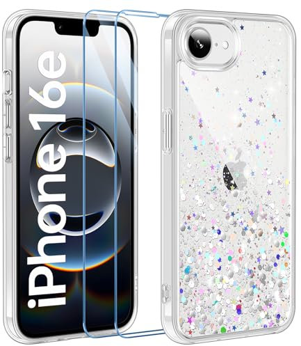 ivencase Glitzer Handyhülle Kompatibel mit iPhone 16e Hülle, Klar Silikon Case+2 Stück Schutzfolie, Transparent Pailletten Kratzfest Hülle Weich TPU Stoßfeste Schutzhülle iPhone 16e 2025