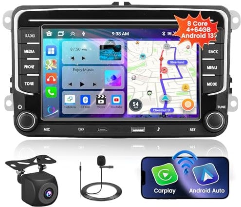 8 Core 4+64G Android Autoradio für VW Golf 5 6 Polo Tiguan Passat Touran Caddy T5 Trasporter Skoda Seat Wireless Carpaly&Android Auto, 7'' Bildschirm Radio USB/Type-C/Bluetooth 5.0/Rückfahrkamera/FM