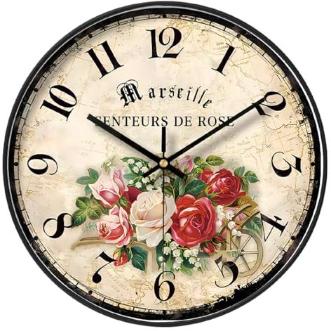 NUOVO 16 Inch Garden Wall Clock Colourful Flowers Clock Shabby Chic Floral Wall Clocks Vintage Elegant Silent Clock for Living Room Bedroom Home Kitchen Decor