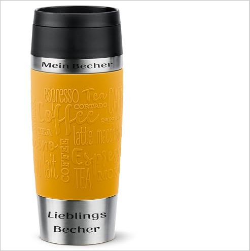 Emsa Dein Name auf dem Trinkbecher N20208 Travel Mug Classic 0,36 Liter, neuer Komfort-Schraubverschluss, Edelstahl, 100% dicht, 360°-Trinköffnung, Gelb