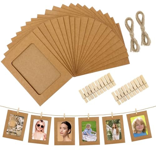 Xthrotsenk 20 Stück Kraftpapier-Bilderrahmen 11.5x15.5cm Papier Fotorahmen Kreative DIY Karton Retro Bilderrahmen Hängende Karton Albumrahmen mit olzklammern Hanfseil für Dekoration