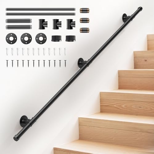 Handrails for Stairs, Ovshnrr 2-Section 1.5M Metal Wall-Mounted Barrier-Free Handrail, 220LBS Non-Slip & Safety Indoor Banister Handrail Suitable for Kids, Disabled and Elderly