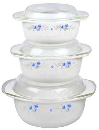 Reldor 3 Pcs Glass Casserole Dishes with Lids, Freezer, Microwave & Dishwasher Safe, Casserole Dish Set with Carry Handles, Break Resistant, Serving Dishes (1 + 1.5 + 2.5 Ltr), Blue Floral