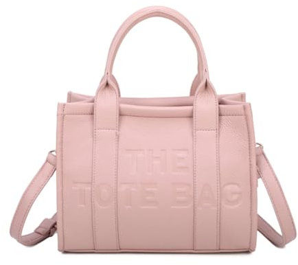 LeahWard Ladies Small Tote Bag, Embossed Text Design, Detachable Shoulder Strap (Pink)