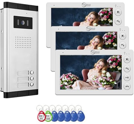 Wired Video Apartment Intercom System,2/3/4/5/6/8/10/12 Units 7 inch Monitor Video Door Phone Kit,Indoor Outdoor Video Doorbell, 2 Way Audio,One key Unlock for Home (1 Doorbell + 3 Monitor)