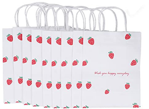 Reusable Strawberry Present Bags 10Pcs | Medium Size 8.27x4.33x3.54in | Neutral Hard Paper Party Bags for Wedding/Birthday/Shopping | with Handles for Easy Carrying