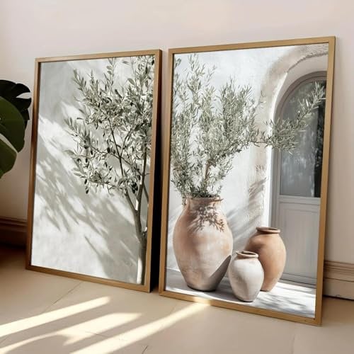 2er-Set Neutral Olivenbaum Schattenvase Leinwanddruck Poster Retro Botanische Landschaft Kunstdruck Wohnkultur Kunst Poster Geschenke 50x70cmx2 Rahmenlos