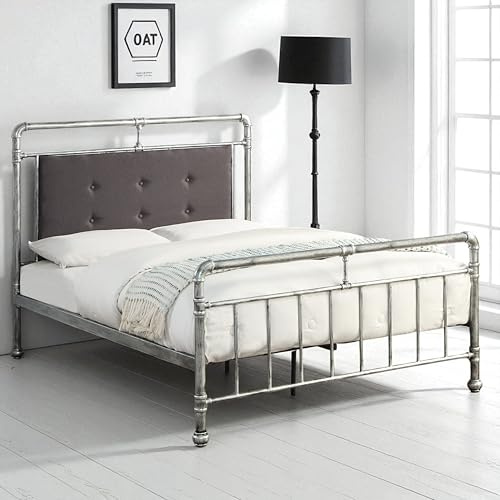 OAT Home Shoreditch Scaffold Metal Bed Frame, Industrial Design, Distressed Silver Steel, Grey Upholstered Headboard, Double/King Size (King (U.K. Standard))