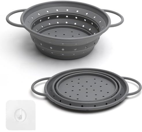 Scolapasta silicone pieghevole 28 cm grigio,per Pasta, Verdura e Lavaggio, Cestino Drenante Collapsible, Setacci da Cucina per Pasta, Frutta, Verdura,Grigio