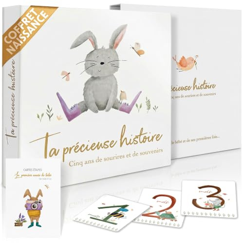 Livre de naissance bébé 0-5 ans avec 13 cartes étapes – Coffret naissance prêt à offrir, album souvenirs 120 pages, 6 pochettes souvenirs, cadeau naissance fille garçon