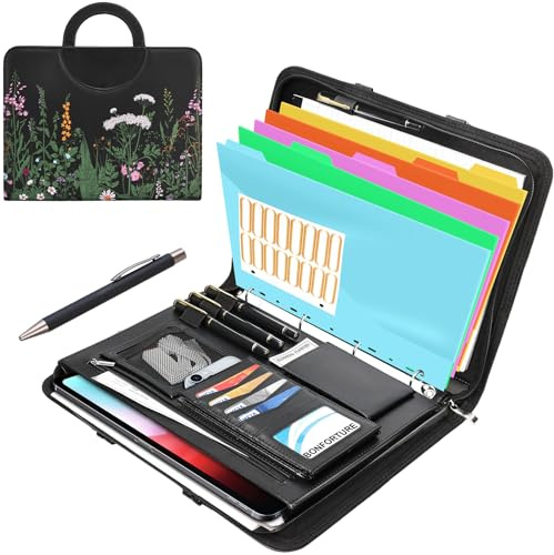 BONFORTURE Portfolio Folder A4 with Magnetic Handle, Vegan Leather Zipper Conference Folder 4-Ring, Multi-Pockets Document Holder for Work Travel Business School Office