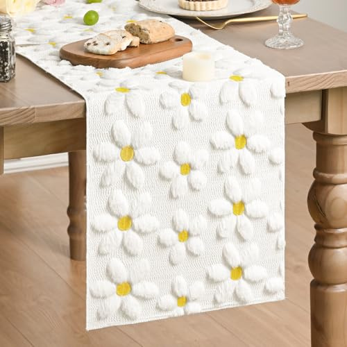 Artoid Mode Weich Plüsch Samt Faux Pelz Cremeweiß Gänseblümchen Frühling Tischläufer, Sommer Küche Tisch Urlaub Party Dekor 33x153 cm