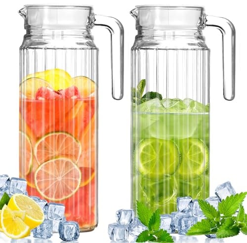 NXPZ Caraffa per Acqua in Vetro con Coperchio, Confezione da 2 Pezzi da 1,1 Litri, Caraffa in Vetro con Maniglia, Adatta per Bevande Fai da Te, Succo, Tè Freddo, Latte, Acqua, Caffè