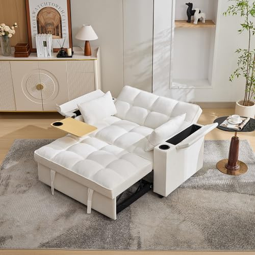 ModernLuxe 2 Seater Sofa Bed with Cup Holders and Hidden Table, USB and Type-C Charging, Click Clack Day Bed with 3 Position Adjustable Backrest, Futon Sofa Recliner for Living Room or Bedroom, Beige