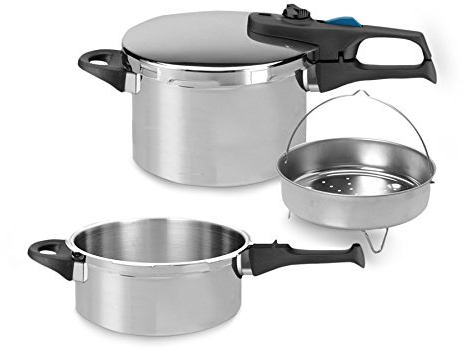 ELO Schnellkochtopf Praktika XL Set 5tlg. 22cm, aus Edelstahl 18/10, automatisches Druckregelsystem, schonendes Garen, starker ELO-Therm Speicherboden, mit Sicherheitsmechanismus, Edelstahl