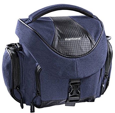 Mantona Premium Kameratasche - Passend für DSLR & DSLM Kameras mit Objektiv (inkl. Staubschutz, gepolstertem Schultergurt, Clipverschluss, anpassbarer Inneneinteilung) blau