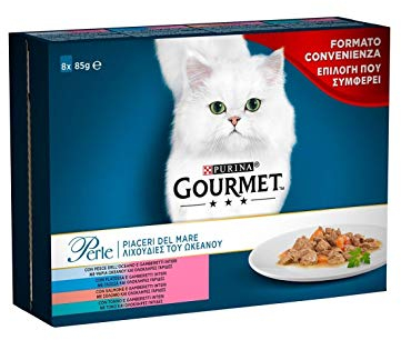 GOURMET Perle - Cibo Umido Gatto Adulto, Bocconcini Piaceri del Mare con Pesce dell'Oceano, Platessa, Salmone, Tonno. 48 Buste da 85 g