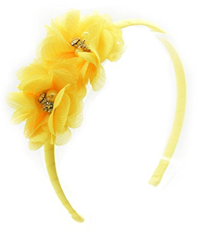 PrettyBoutique Chiffon Pearl Rhinestone Flowers Girls Alice Headband Hair Band (Yellow)