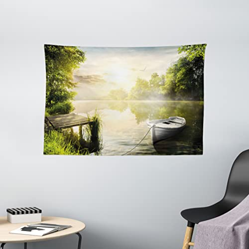 ABAKUHAUS Natur Wandteppich, Boot von Foggy Lake Deck, Wohnzimmer Schlafzimmer Heim Seidiges Satin Wandteppich, 150 x 100 cm, Olivengrün Weiß