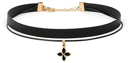 Zolkamery Damen Schwarz Choker Halsband - Gold-Ton Klee Leder Halsreif Halskette mit Schwarz Kristall Anhänger - Verstellbar 30 + 14cm Vintage Kette Allergiefrei Schmuck für Frauen Mädchen