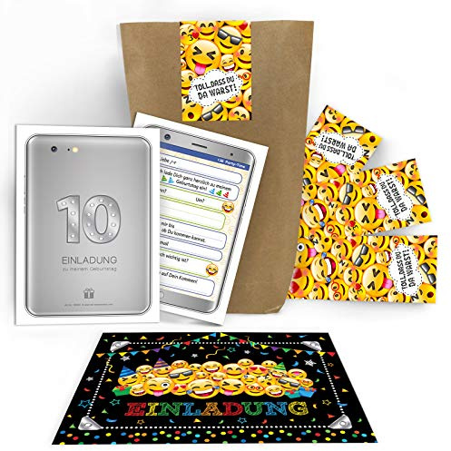 Junaversum 12 Einladungskarten zum 10. Kindergeburtstag Mädchen Jungen Tablet/Einladungen zum zehnte Geburtstag incl. 12 Umschläge, 12 Tüten/natur, 12 Aufkleber