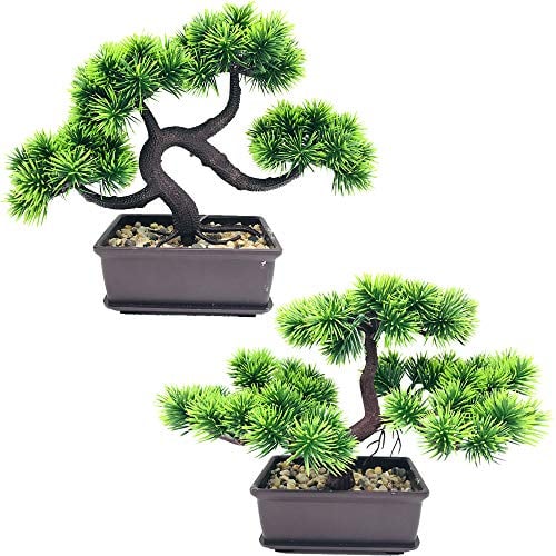 Fycooler Bonsai Pflanze, Japanische Bonsai Naturgetreue Kunstpflanze Künstlicher Bonsai-Zeder Kiefer Podocarpus Plastik Pflanze Kunstpflanze für Büro/Fensterbank/Hof Tischdeko Balkon Büro Deko - 2Pcs